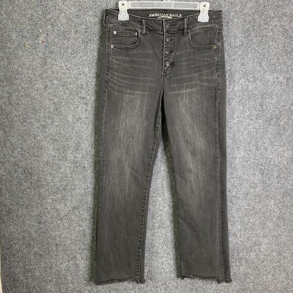 American Eagle Outfitters Black Denim Jeans Women 12 Long Hi- Rise Crop Flare - Picture 1 of 12